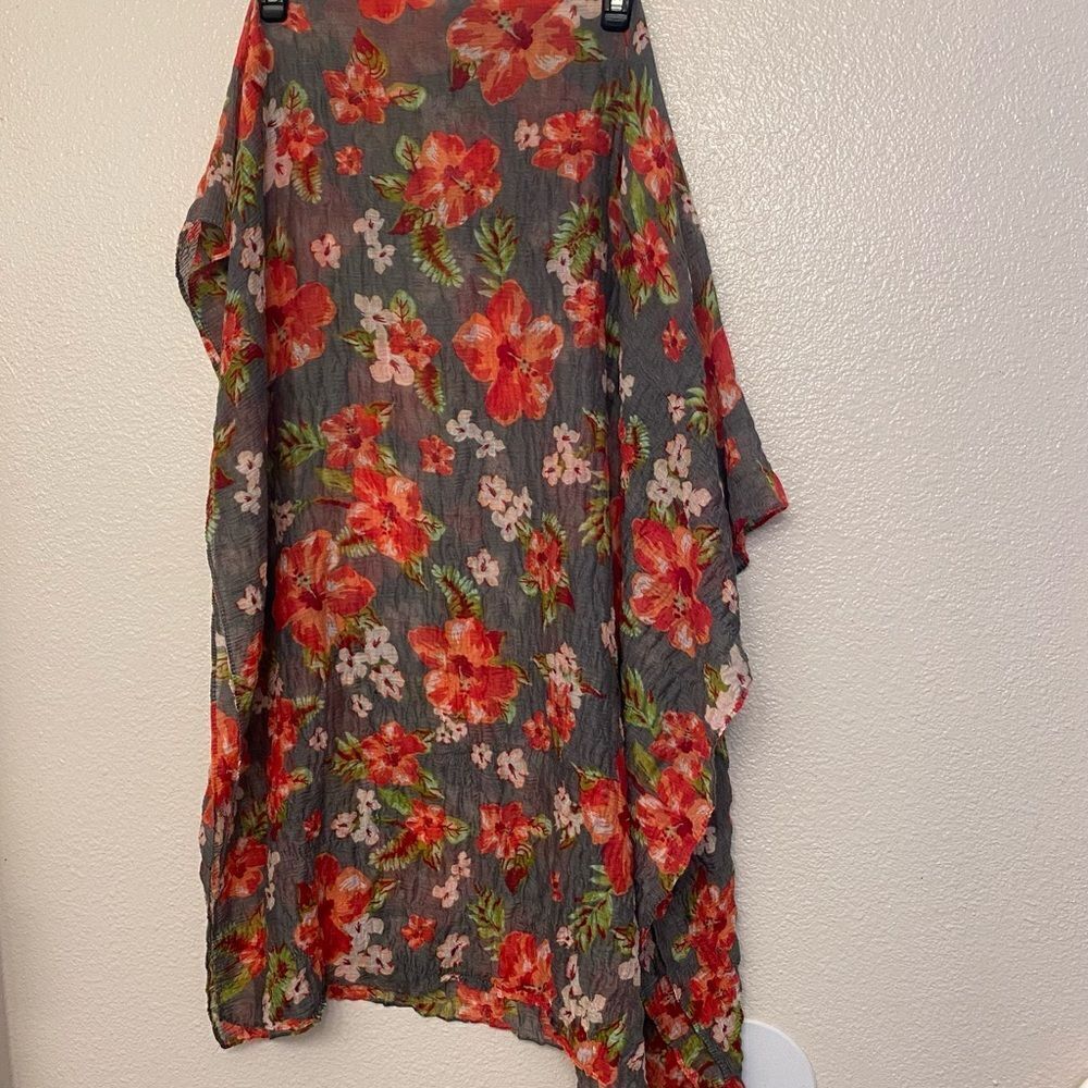 Gray red Hibiscus Tropical floral oversized scarf swimsuit cover-up scarf 35x66